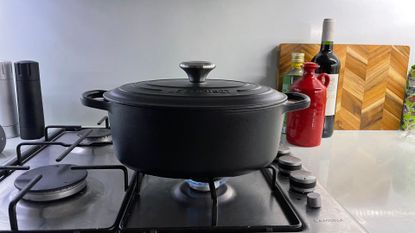 Le Creuset Cast Iron Oval Casserole Dish heating on the hob