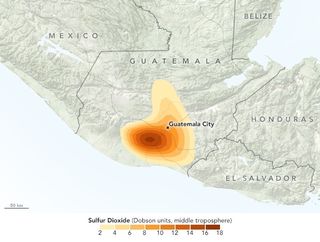 This map showing concentrations of sulfur dioxide spewed by Guatemala’s Volcan de Fuego was made using data gathered by the Suomi NPP satellite’s Ozone Mapping Profiler Suite on June 3, 2018.