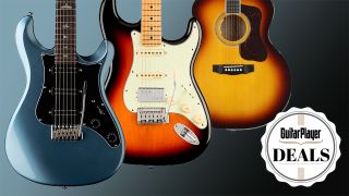 Three guitars by PRS, Fender and Guild on a grey/black background with a sticker in the bottom-right corner saying "Guitar Player deals".