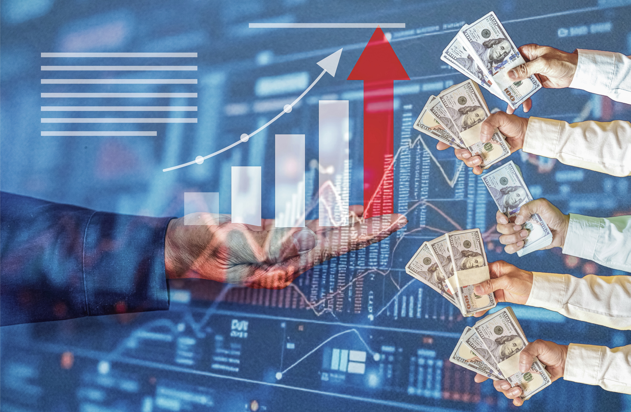 Hands holding US dollar with rising market trends, financial growth, wealth accumulation