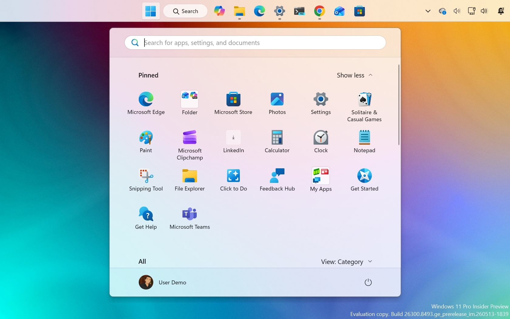 Windows 11 Start Menu with a gradient background showing pinned apps like Microsoft Edge, Photos, and Settings, creating a modern, organized feel.