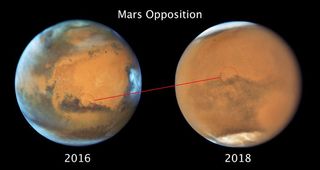 These two images from the Hubble Space Telescope show how much the 2018 global dust storm has obscured features on the planet. Both images were taken during opposition, and in the 2016 image, it was a cloudy day on Mars. Still, it is obvious how much more the planet's surface features stand out in that image versus the image from 2018 when the whole planet is encapsulated in dust.