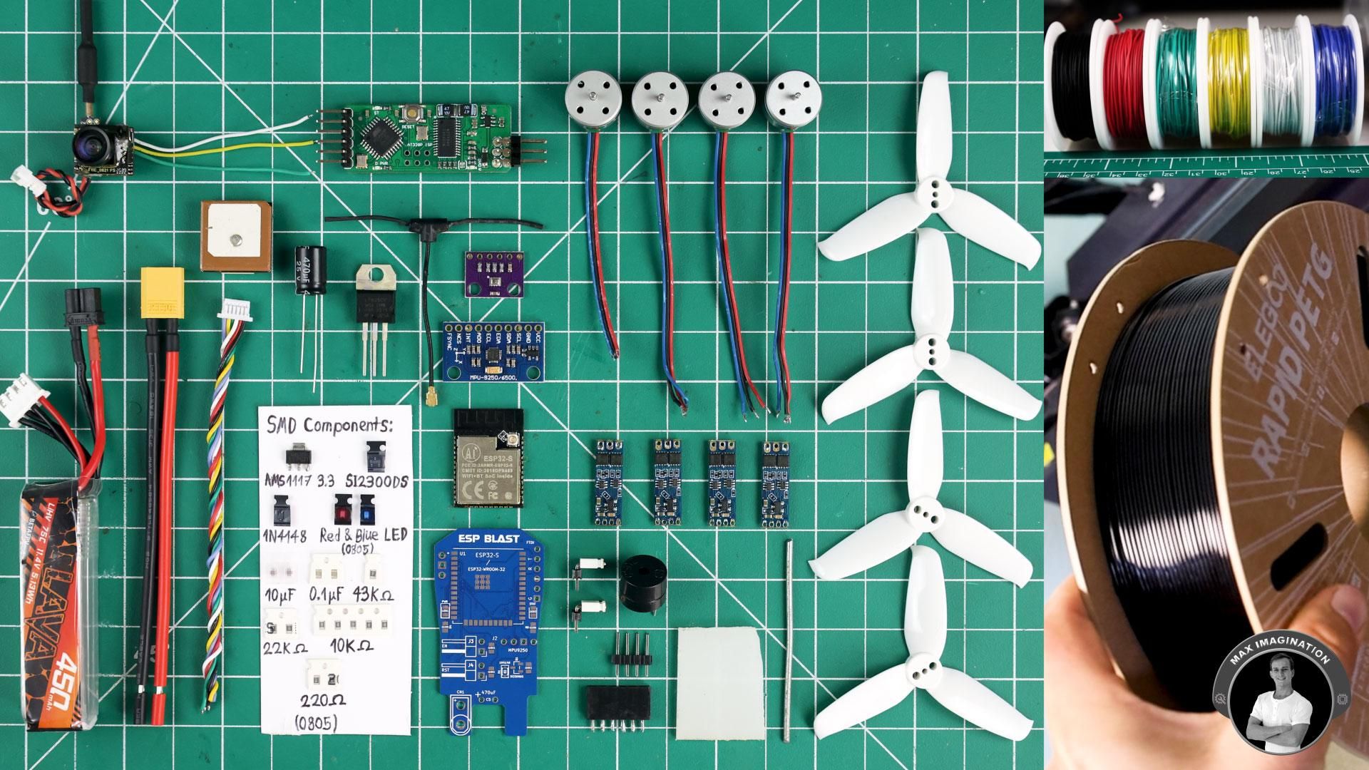 A flay lay of the key components required for the ESP32 drone DIY project by Max Imagination