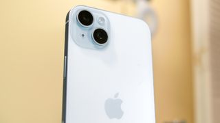 Photo of Apple iPhone 15 Plus back showing dual rear cameras and Apple logo 