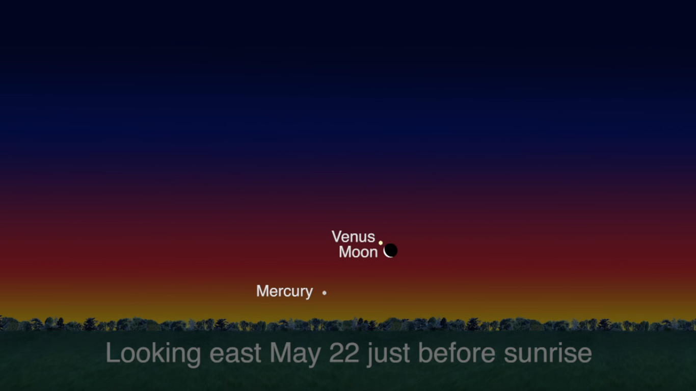 The crescent moon will appear near Venus just before dawn on May 22, 2017. Mercury will also be visible low on the eastern horizon, as seen in this NASA sky map.