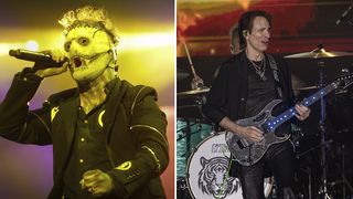 Corey Taylor and Steve Vai performing on stage