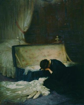 Painting of Queen Victoria in black crying into a storage box.