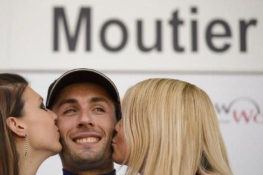 Stage 2 winner Jonathan Hivert (Saur-Sojasun) on the podium.