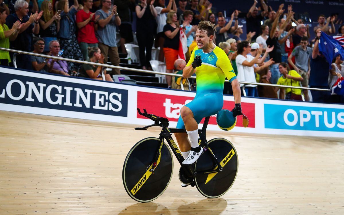 Sam Welsford is pumped after winning the TP in world record time with Australia