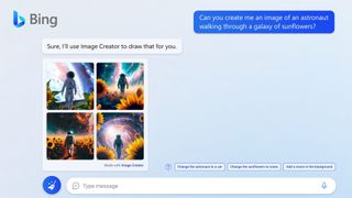 Una conversación con el chat de Bing en el que un usuario pide a Bing que cree una imagen de un astronauta caminando por una galaxia de girasoles.