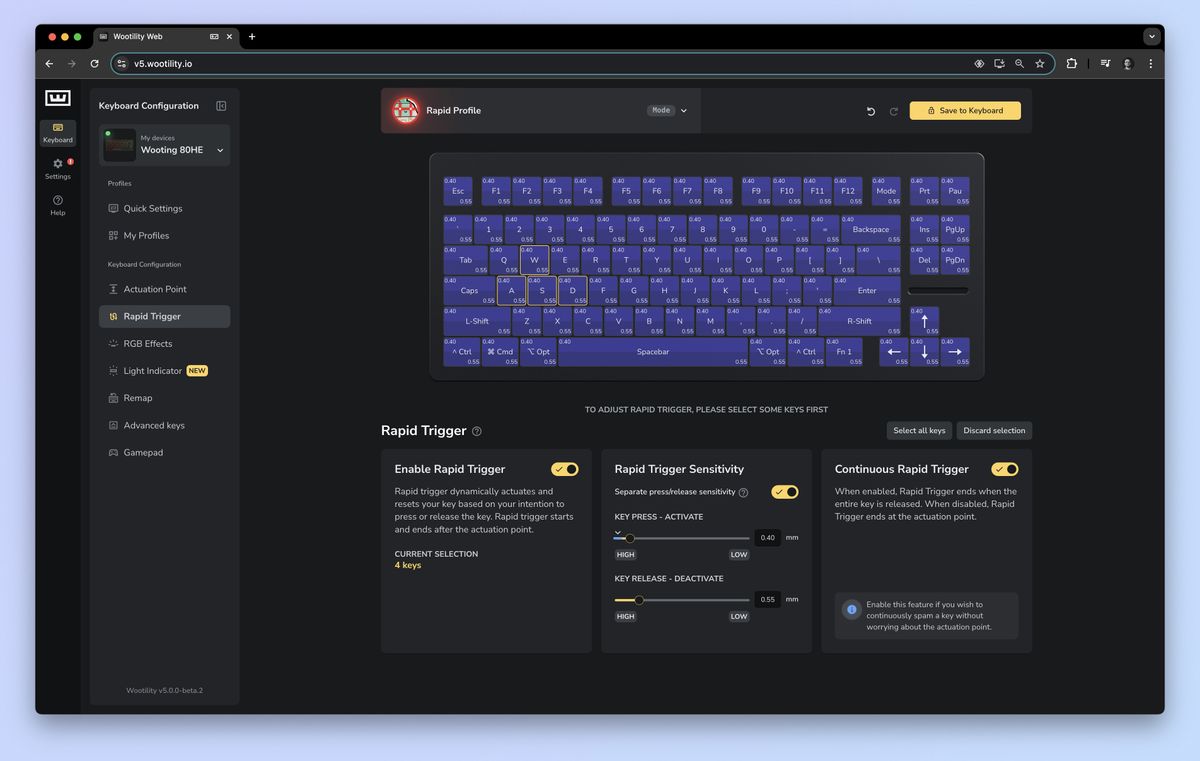 The Wootility.io app being used to customize the Wooting 80HE