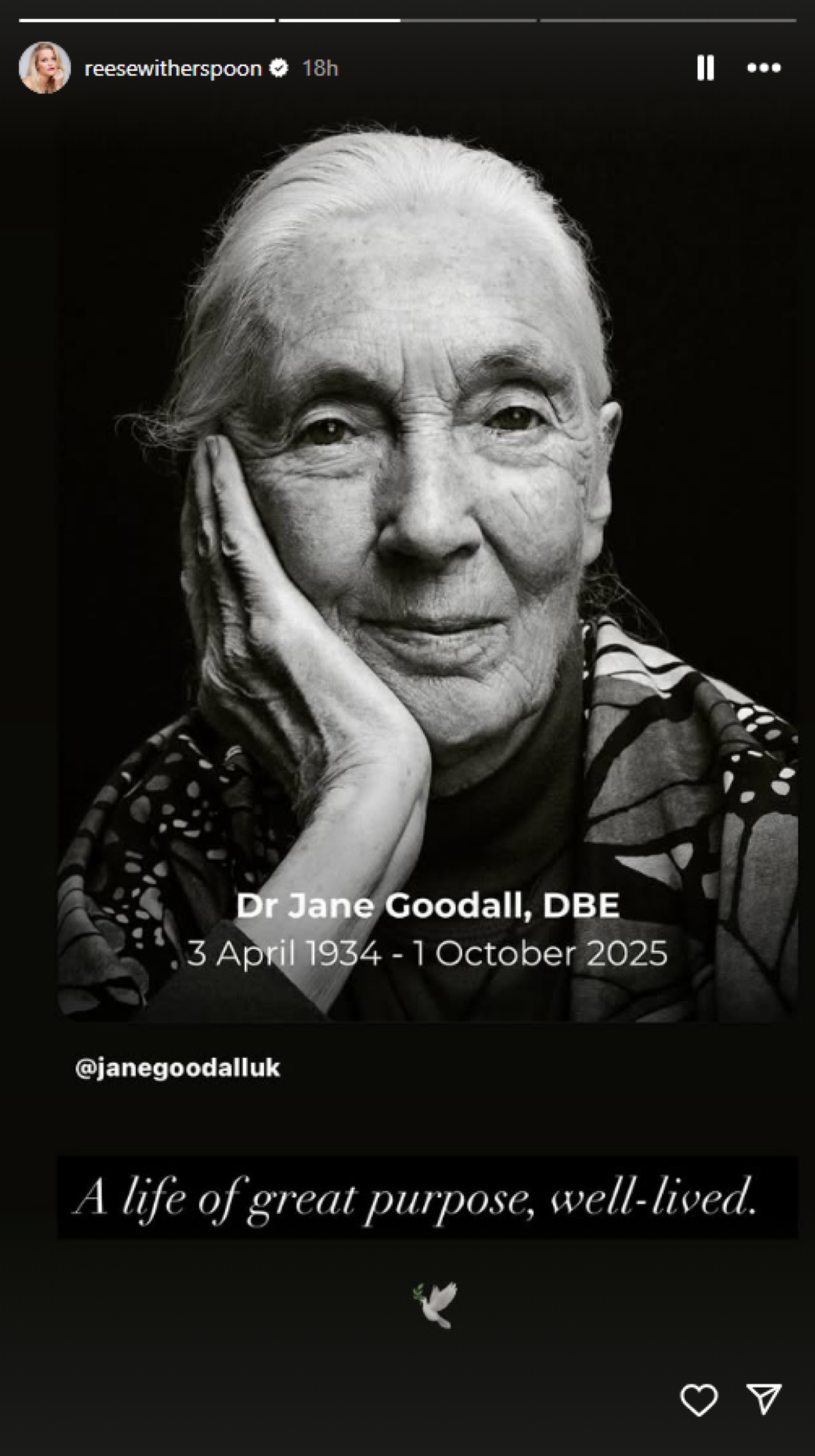 Reese Witherspoon posting about the death of Jane Goodall