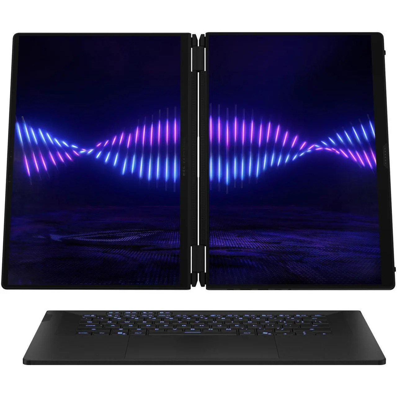 Dual-screen laptop with a folding hinge is displayed open. Both screens show a vibrant blue and pink waveform pattern. A separate backlit keyboard is below.