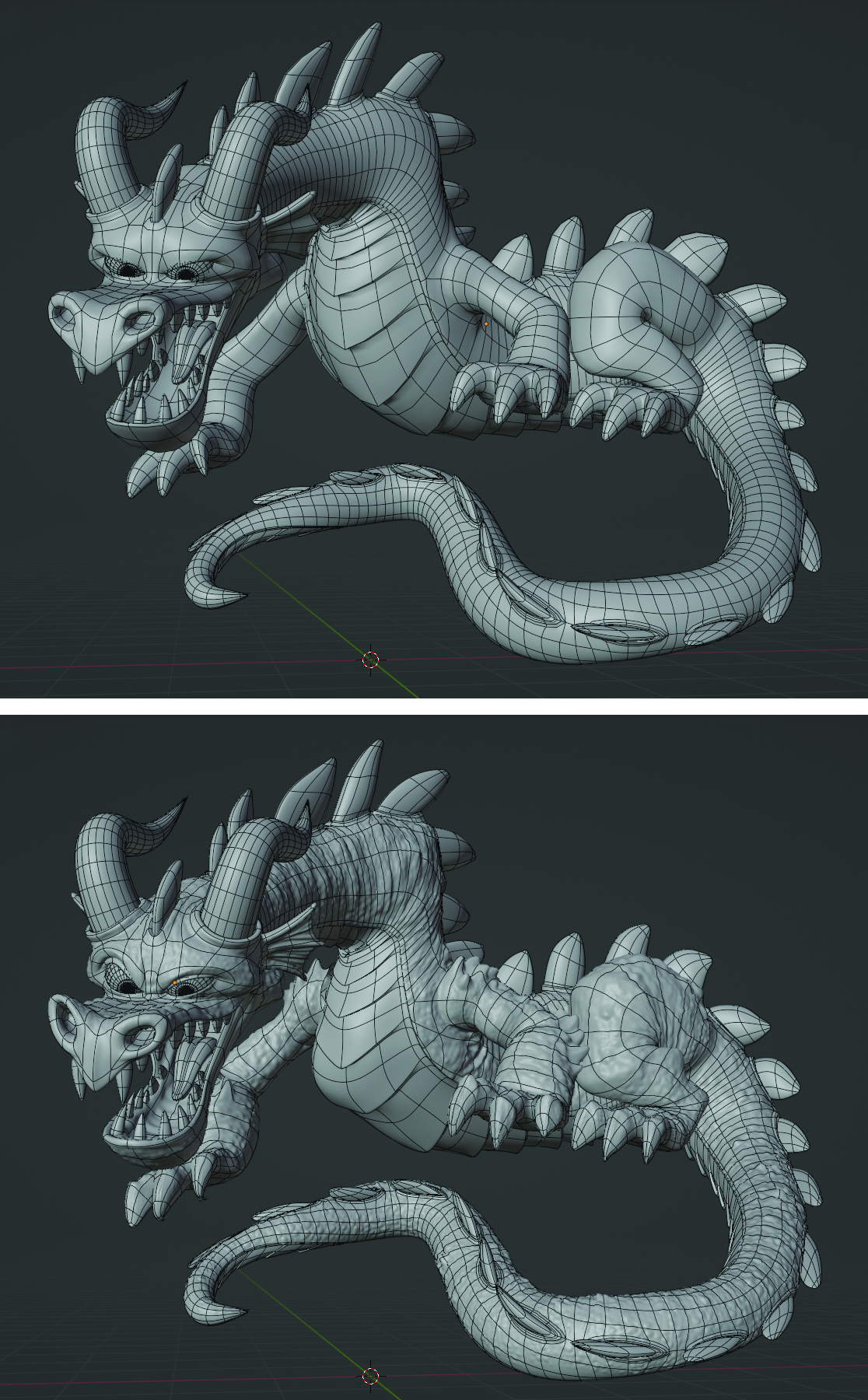 A grey scale 3D model of a cartoon dragon