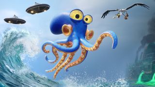Key art for Darwin's Paradox showing blue octopus Darwin leaping out of the ocean, pursued by flying saucers and an angry seagull