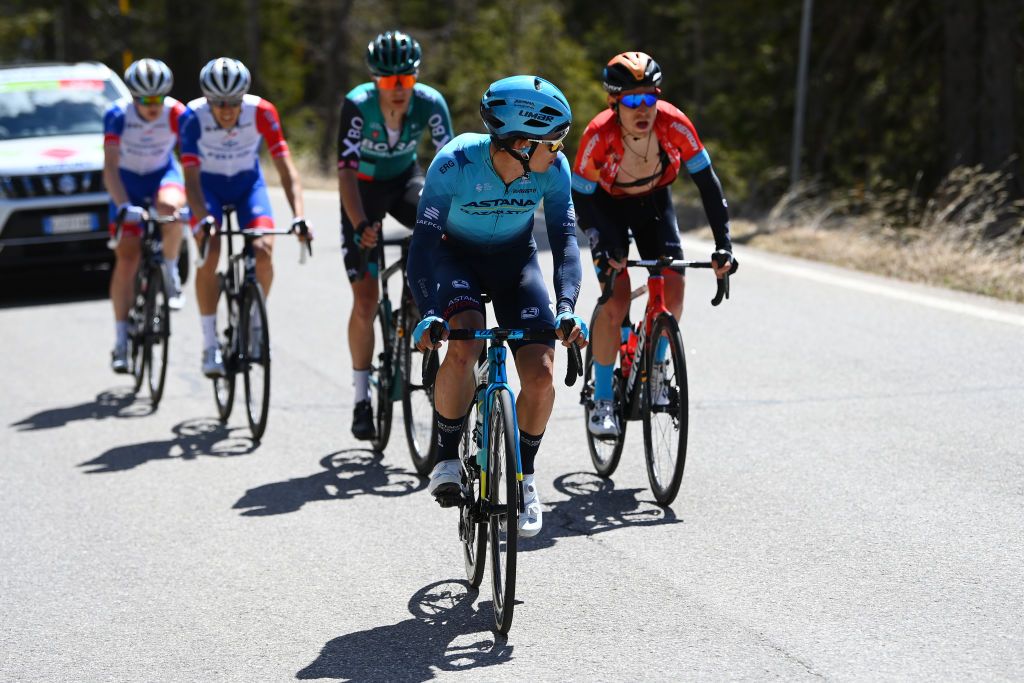 BOLZANO LANA ITALY APRIL 19 Miguel ngelLpez Moreno of Colombia and Team Astana Qazaqstan competes in the breakaway during the 45th Tour of the Alps 2022 Stage 2 a 1541km stage from PrimieroS Martino di Castrozza to Lana TouroftheAlps on April 19 2022 in Bolzano Lana Italy Photo by Tim de WaeleGetty Images