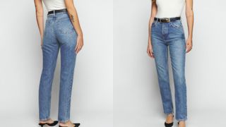 composite of model wearing Reformation Cynthia High Rise Straight Jeans in mid wash blue