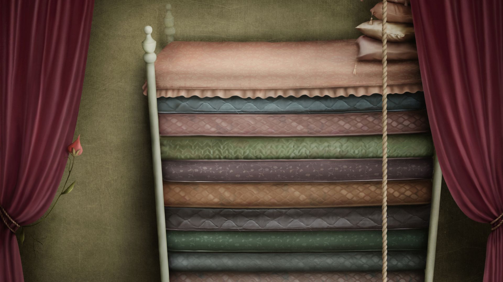 A storybook illustration of a stack of mattresses from the fairy-tale, the Princess and the Pea
