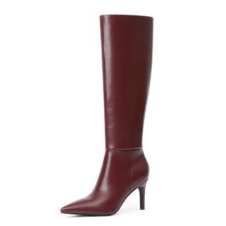 Easyfox Kniehohe Damenstiefel mit spitzer Zehenpartie, 3 Zoll, lange Stiefel, hoher Absatz, Stiletto-Seitenreißverschluss, Kleid, kniehohe Stiefel, Kastanienbraun, 6,5 Uk