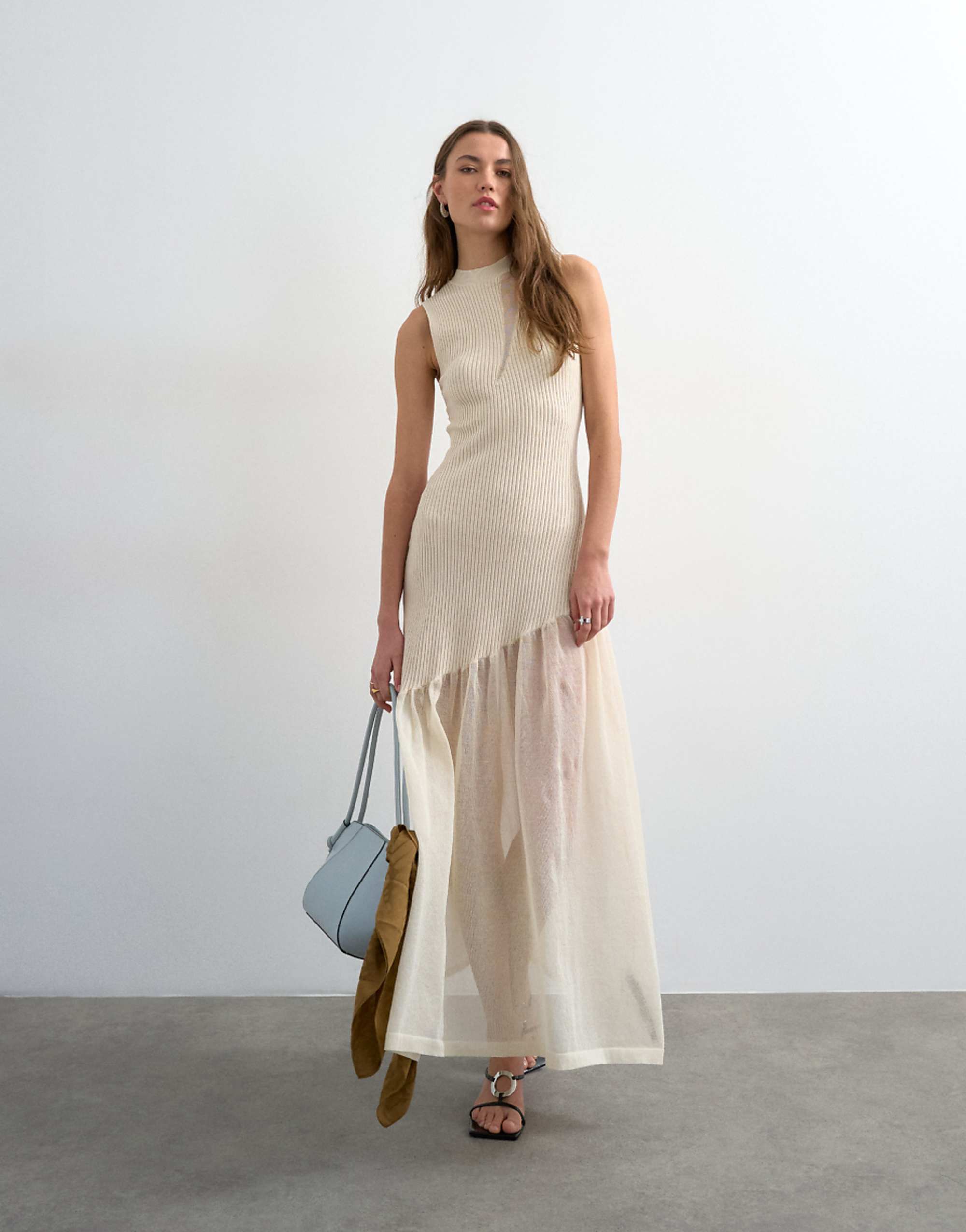 Topshop Knitted Sheer Mix Dress in Ivory
