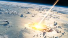An artist's illustration of a large meteor striking Earth in the middle of the ocean