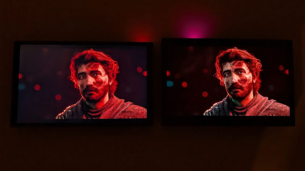 An image of the Lenovo Legion Go 2 and original Legion Go screens displaying the same image from Clair Obscur: Expedition 33. The OLED screen offers better color accuracy and true black contrast.