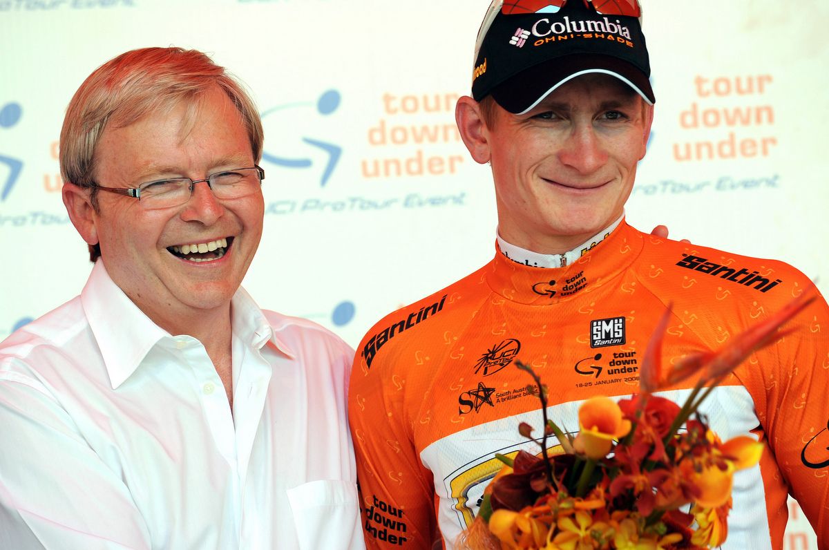 Then PM Kevin Rudd with Andre Greipel in 2008 when the German won the race