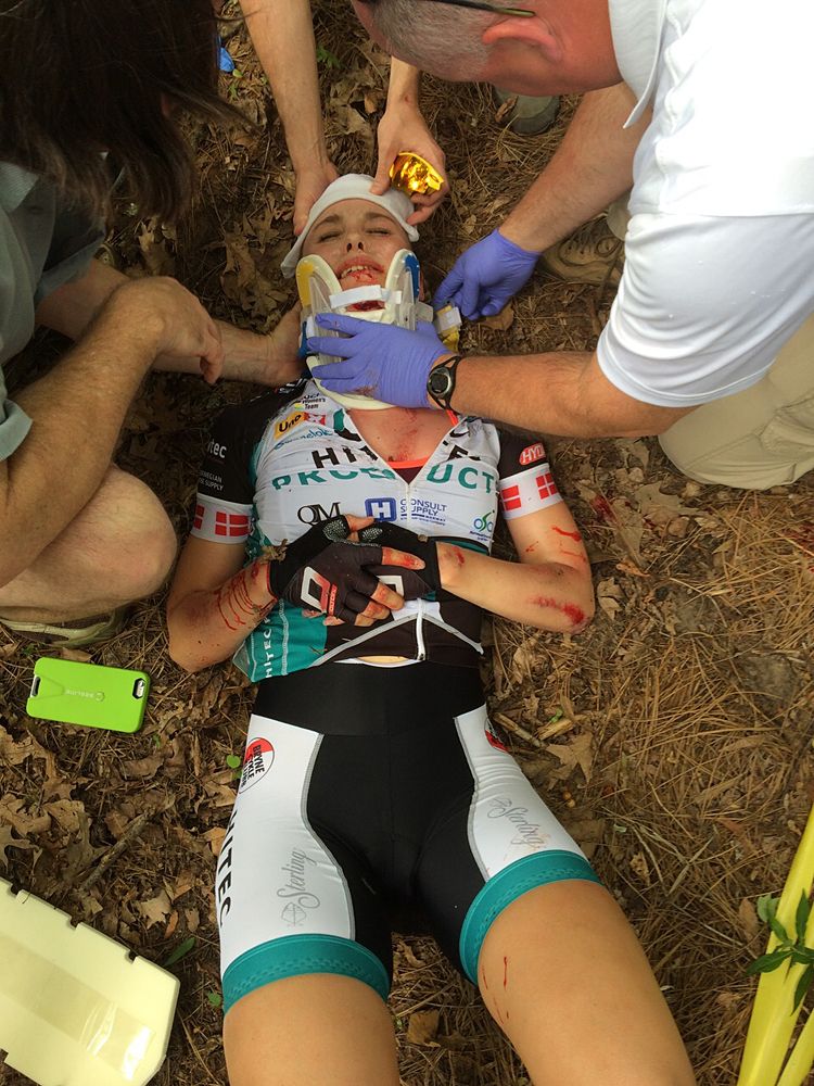 Julie Leth (Hitec Products) receiving medical assistance following her crash at the Winston-Salem Cycling Classic