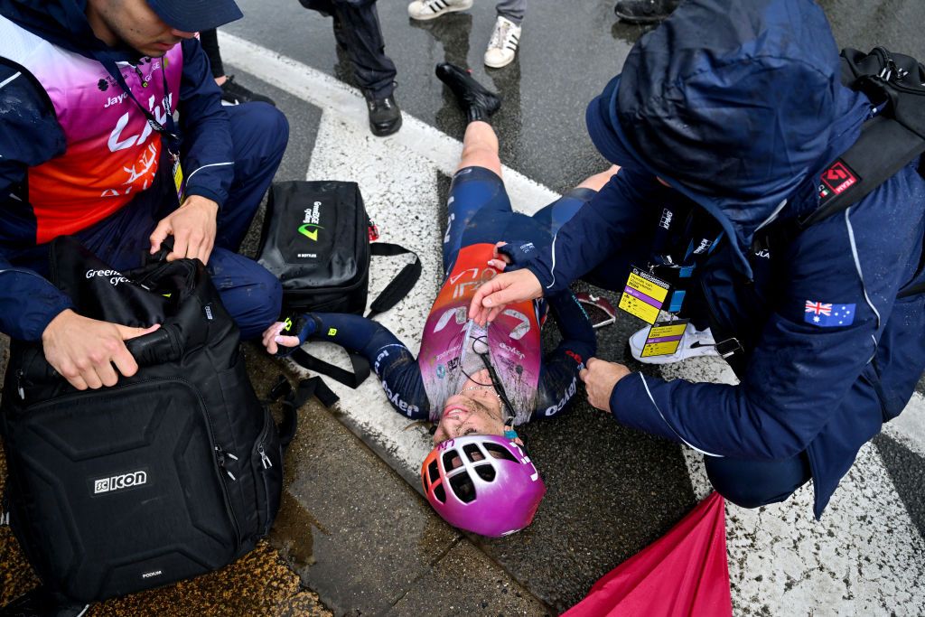 OUDENAARDE BELGIUM MARCH 31 Letizia Paternoster of Italy and Team Liv AlUla Jayco reacts after the 21st Ronde van Vlaanderen Tour des Flandres 2024 Womens Elite a 163km one day race from Oudenaarde to Oudenaarde UCIWWT on March 31 2024 in Oudenaarde Belgium Photo by Luc ClaessenGetty Images