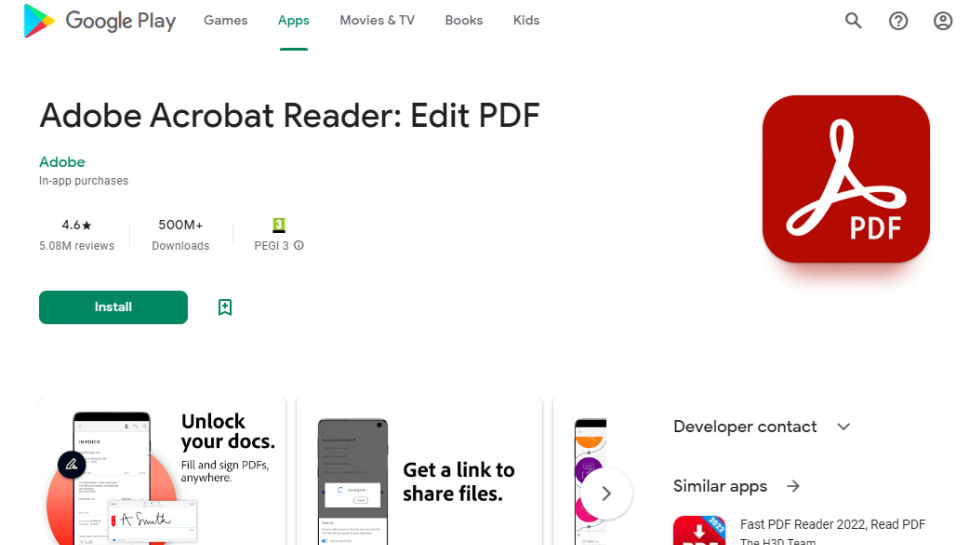 Website screenshot for Adobe Acrobat Reader