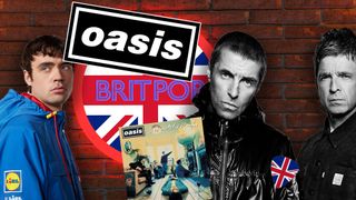 Oasis, Oasis logo, Definitely Maybe album cover, a Britpop sign on a union flag and an Oasis-inspired Lidl coat design