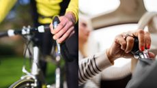 Image on the left shows cyclist shifting, image on the right shows driver using gear stick