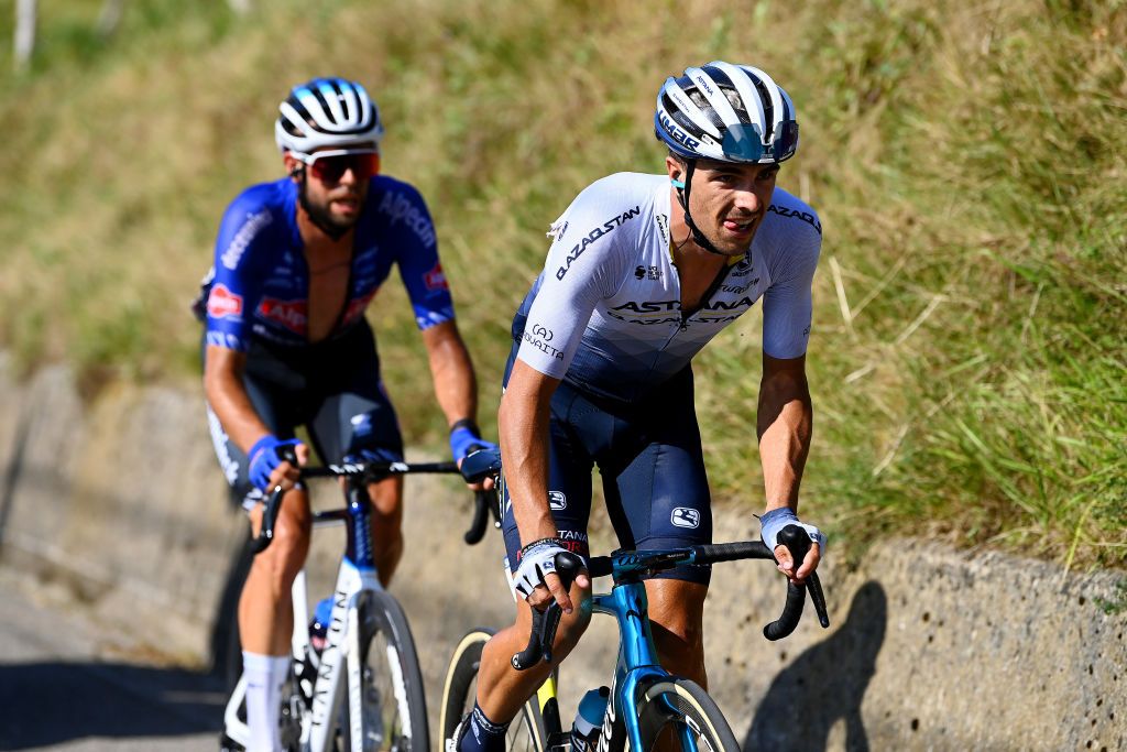 LES PRAERESNAVA SPAIN AUGUST 28 Samuele Battistella of Italy and Team Astana Qazaqstan and Jimmy Janssens of Belgium and Team AlpecinDeceuninck attack in the breakaway during the 77th Tour of Spain 2022 Stage 9 a 1714km stage from Villaviciosa to Les Praeres Nava 743m LaVuelta22 WorldTour on August 28 2022 in Les Praeres Nava Spain Photo by Tim de WaeleGetty Images