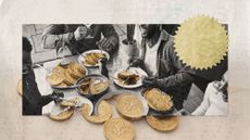 Photo collage of young people laughing around a table; the food they're enjoying has been cut out from the photo, revealing coins and shopping receipts underneath.