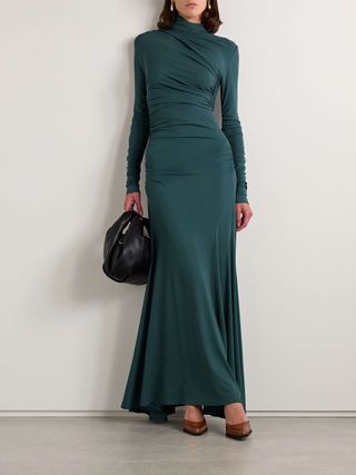 Africa Ruched Stretch-Jersey Turtleneck Maxi Dress