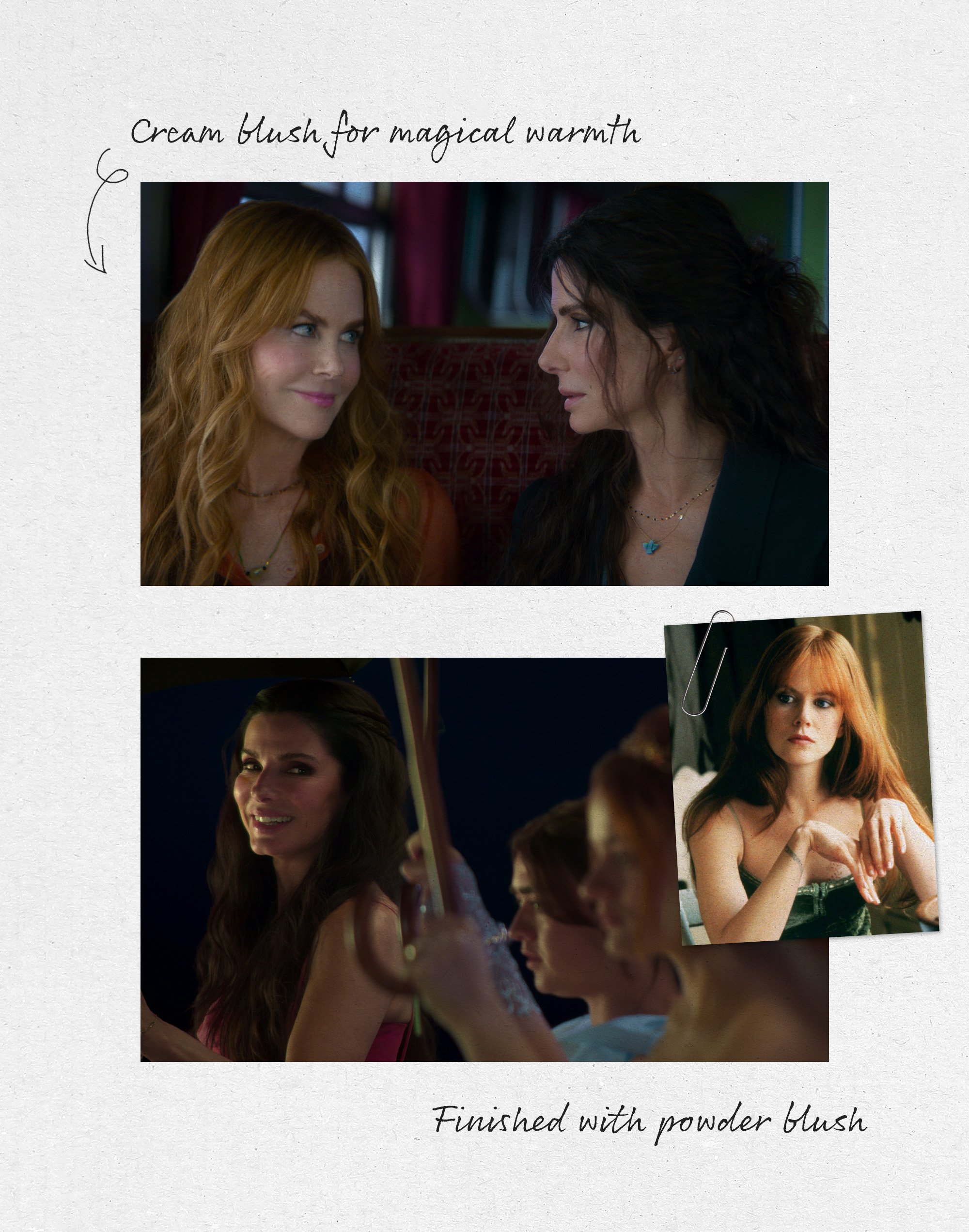 A collage of images from Practical Magic (1998) and Practical Magic 2 (2026) starring Nicole Kidman and Sandra Bullock.