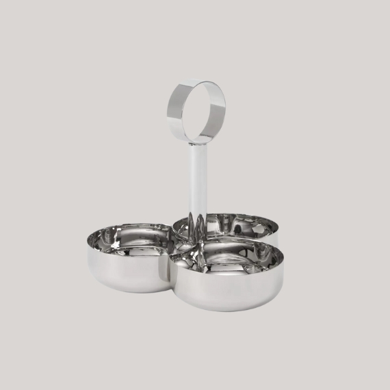 A silver set of stainless steel condiment containers against a pale white grey.
