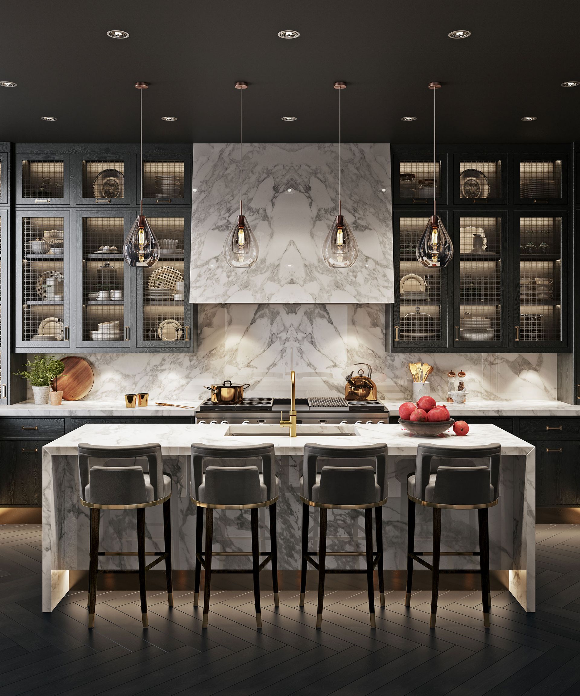 Modern kitchen ideas in dark gray, with an uplit kitchen island in marble.