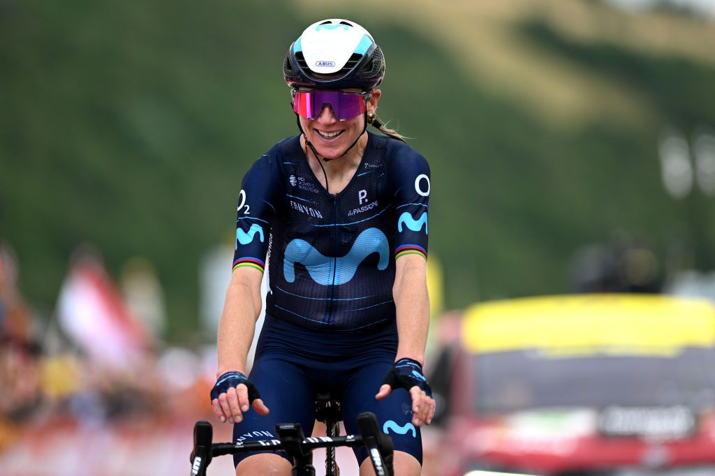 LE MARKSTEIN FRANCE JULY 30 Annemiek Van Vleuten of Netherlands and Movistar Team celebrates winning during the 1st Tour de France Femmes 2022 Stage 7 a 1271km stage from Slestat to Le Marksteinc TDFF UCIWWT on July 30 2022 in Le Markstein France Photo by Dario BelingheriGetty Images