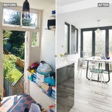 50/50 split before and after image of a kitchen renovation project