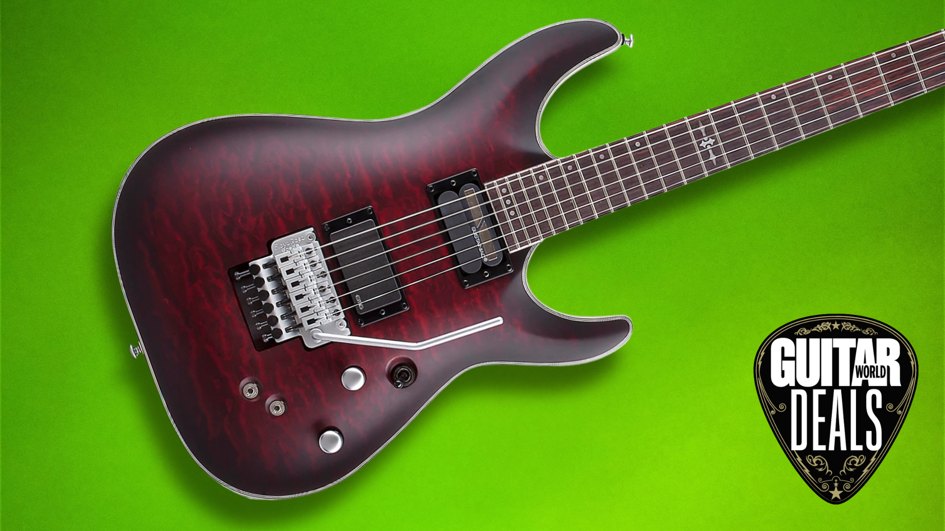 A Schecter C-1 Platinum electric guitar on a green background