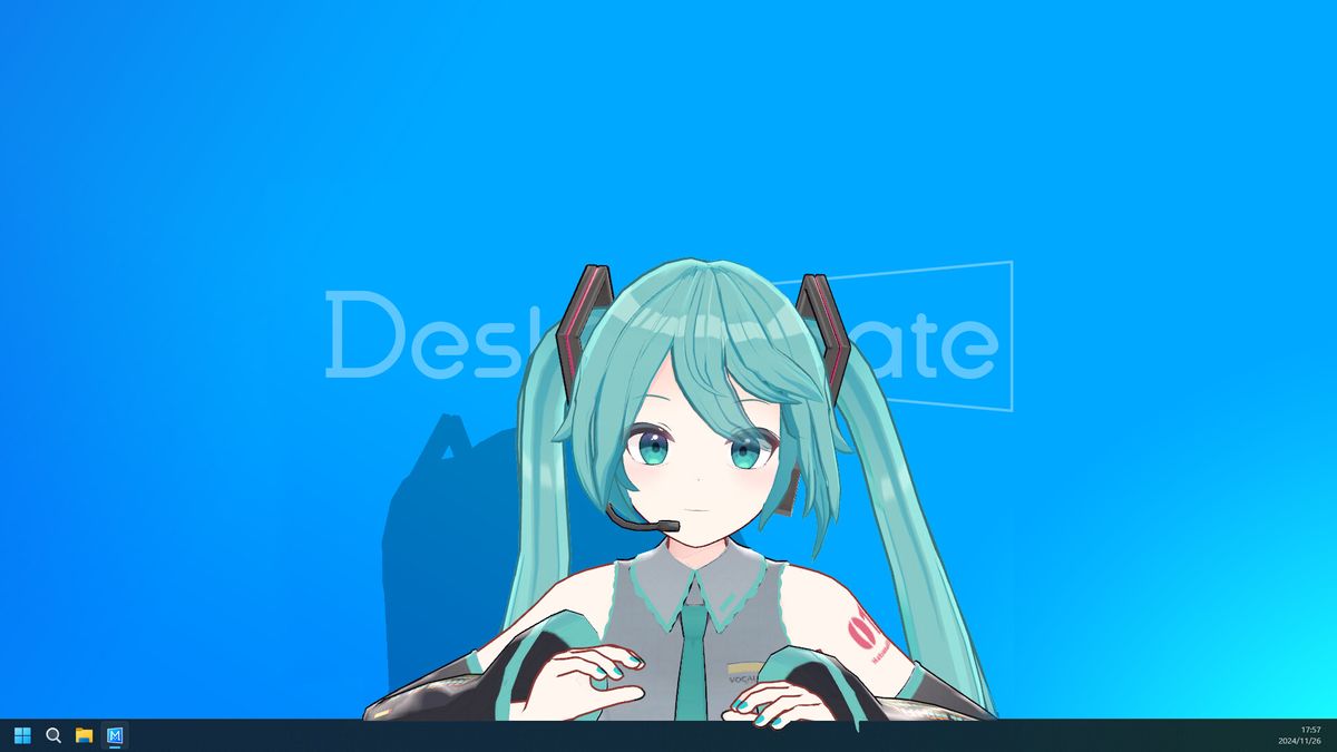 Hatsune Miku Desktop Mate avatar popping over the toolbar