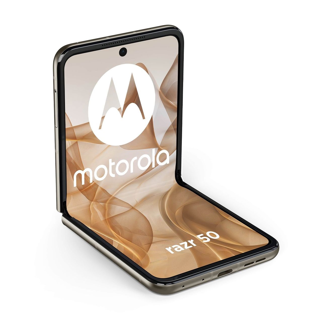 Motorla Razr 2024 in gold, main screen half folded like a chair