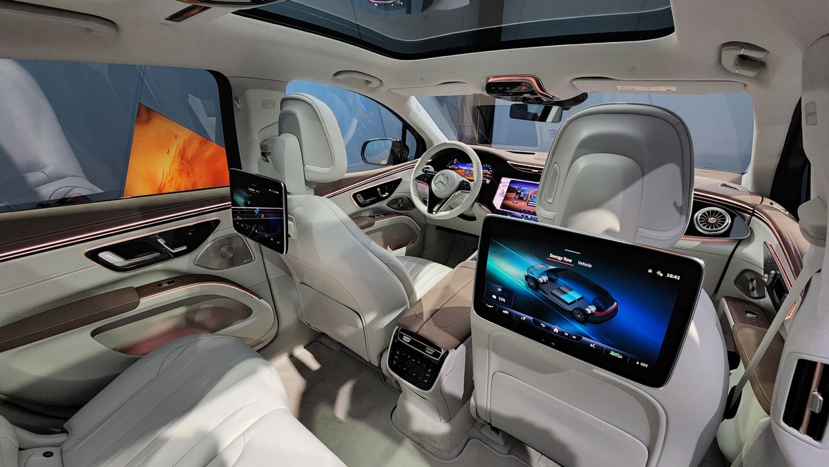 View from the second row of seats towards the front of the EQS SUV