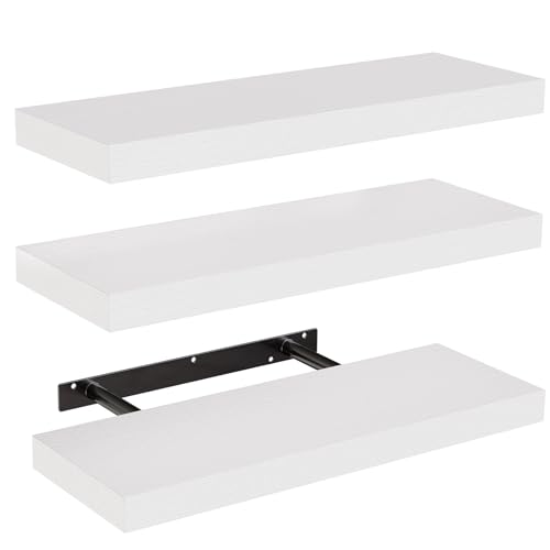 Amada Homefurnishing Floating Shelves, Wall Shelves for Bathroom/living Room/bedroom/kitchen Decor, White Shelves With Invisible Brackets Set of 3 - Amfs08