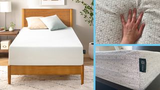 A collage of images of the Zinus Green Tea mattress: on the left, the Zinus Green Tea Mattress in a bedroom. Top right, a hand pressing into the surface of the Zinus Green Tea Mattress. Bottom right, a close up of the corner and label of the Zinus Green Tea Memory Foam Mattress