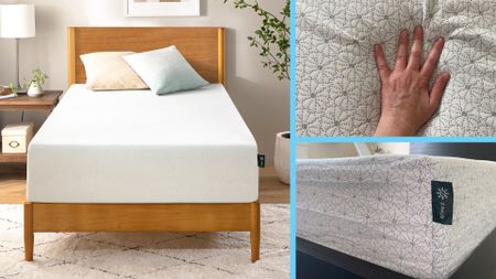 A collage of images of the Zinus Green Tea mattress: on the left, the Zinus Green Tea Mattress in a bedroom. Top right, a hand pressing into the surface of the Zinus Green Tea Mattress. Bottom right, a close up of the corner and label of the Zinus Green Tea Memory Foam Mattress