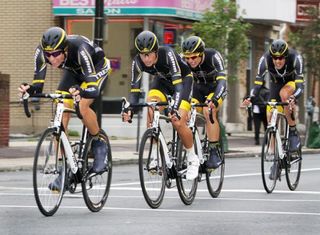 Trek-Livestrong team head down the finish straightaway at the Allentown stage of the Univest Grand Prix