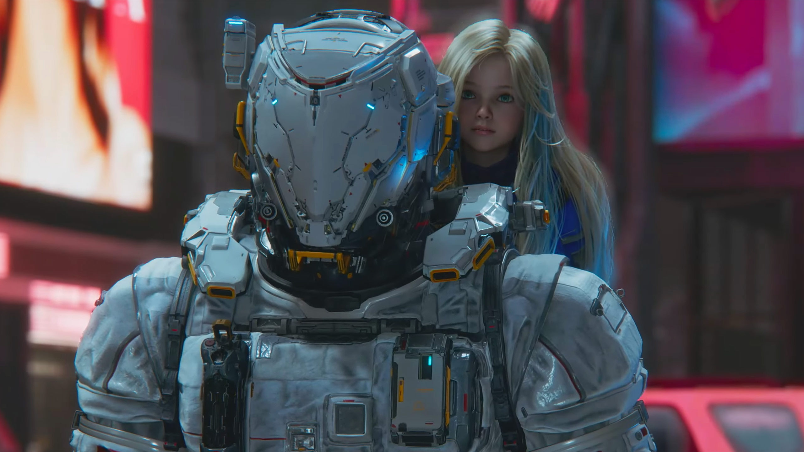 Pragmata - Hugh (the large mechanical man) and his little android companion, Diana, who is sitting on his back