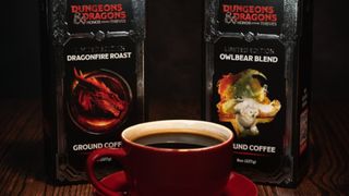 A cup with two packs from the Dungeons & Dragons Coffee Club